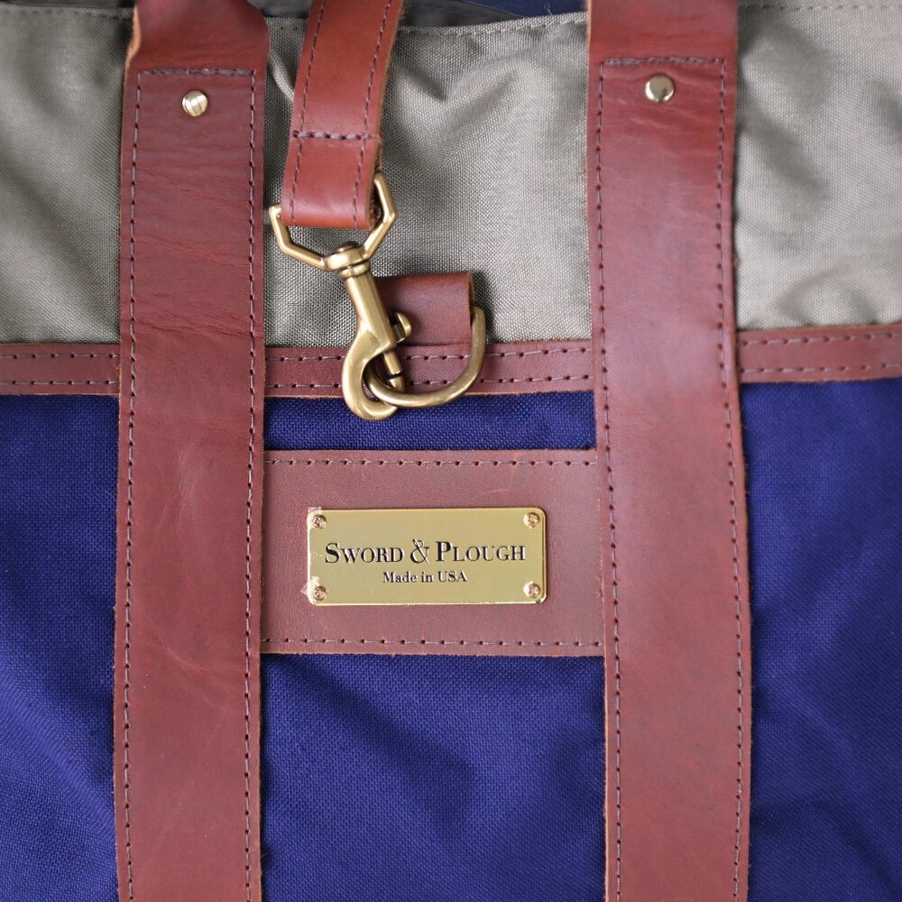 Sword & Plough Signature Tote Bag Blue and Tan w/Leather Made In USA-Like New - Picture 5 of 16
